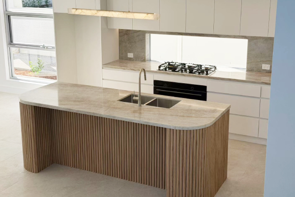 kitchen island top with Taj Mahal quartz slab